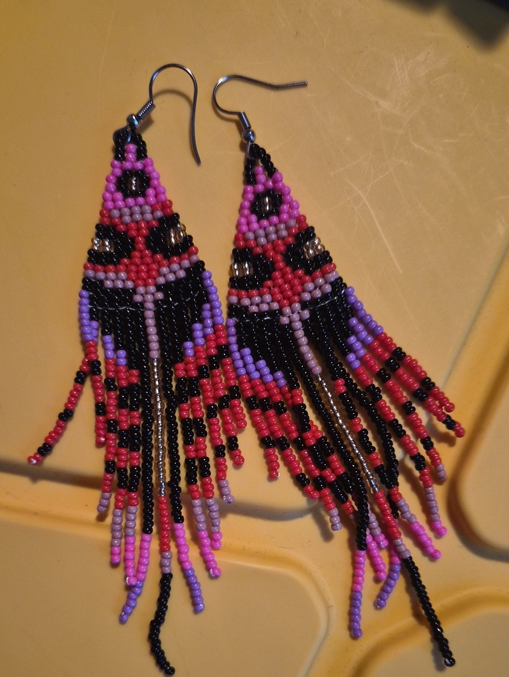 Handmade Beaded Fringe Earrings - Pink, Purple & Black